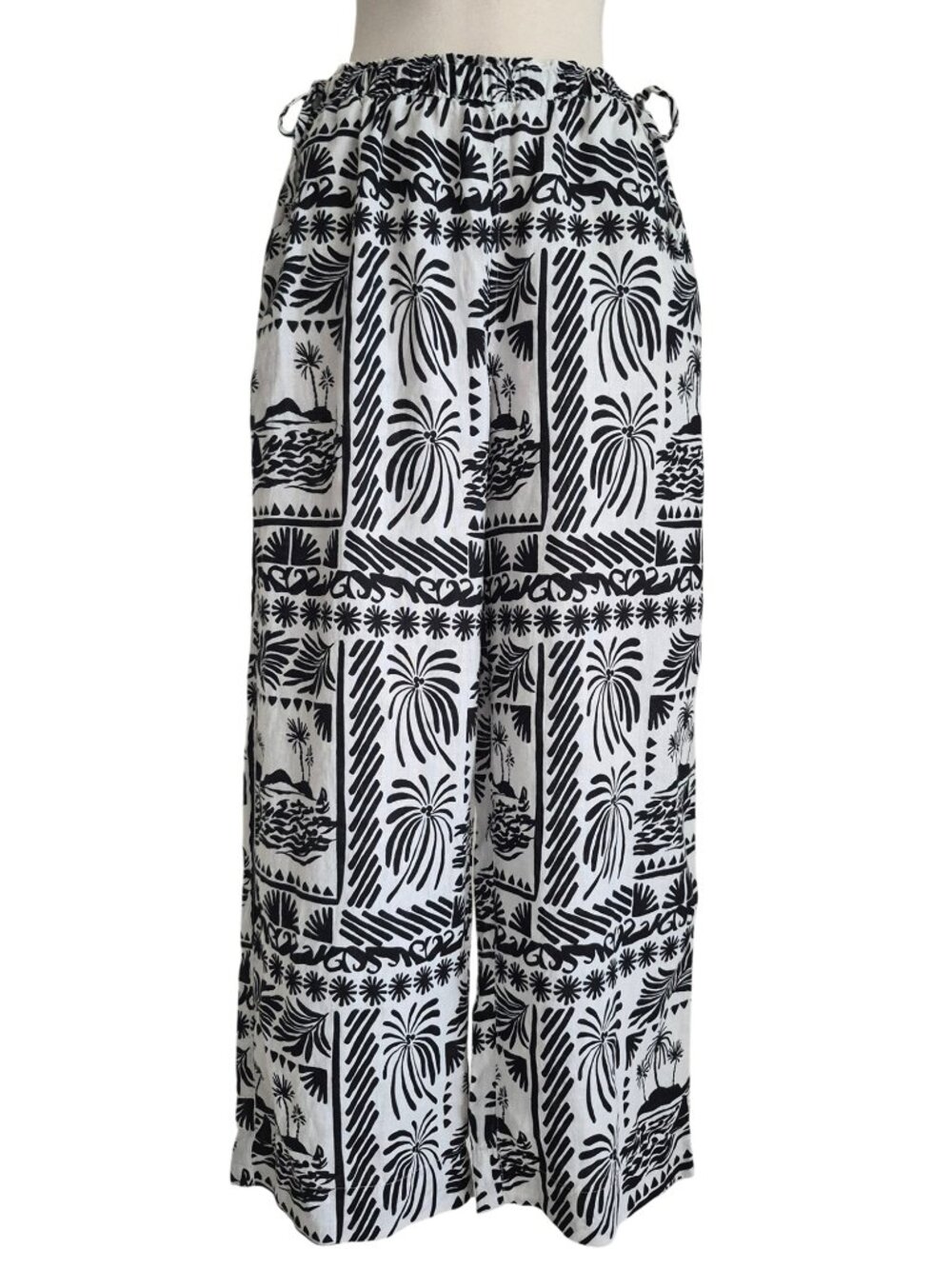 Rachel Zoe Linen Tropical BW Tribal Print Wide Leg Pants Pull on Drawstring M - Picture 1 of 13